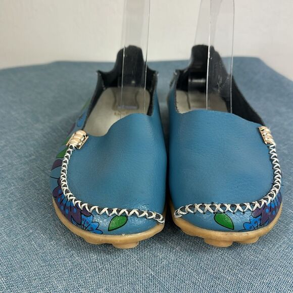 Floral Print Blue Leather Women's Slip On Loafers Size 8 - Picture 2 of 8
